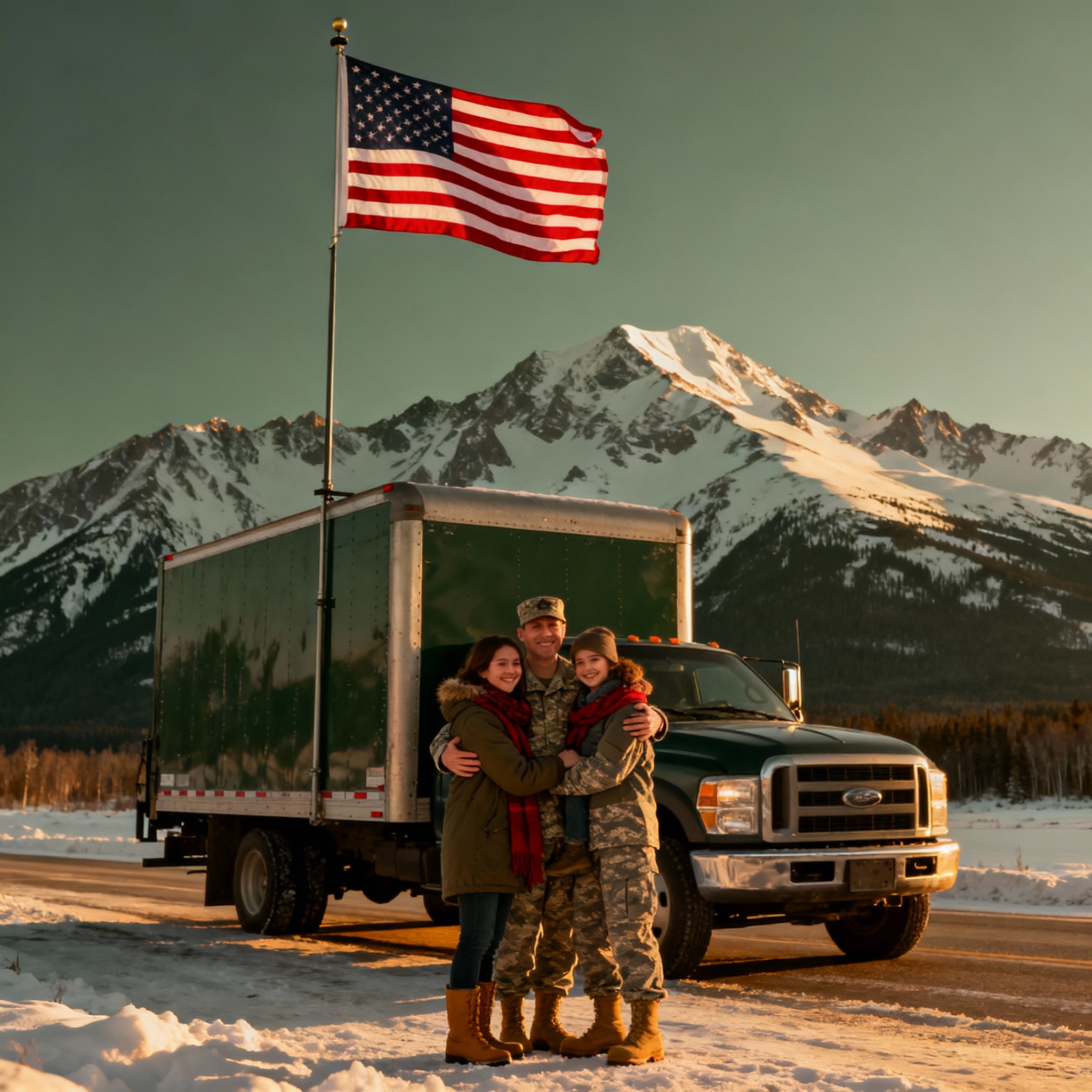 Military family and moving truck in Alaska landscape