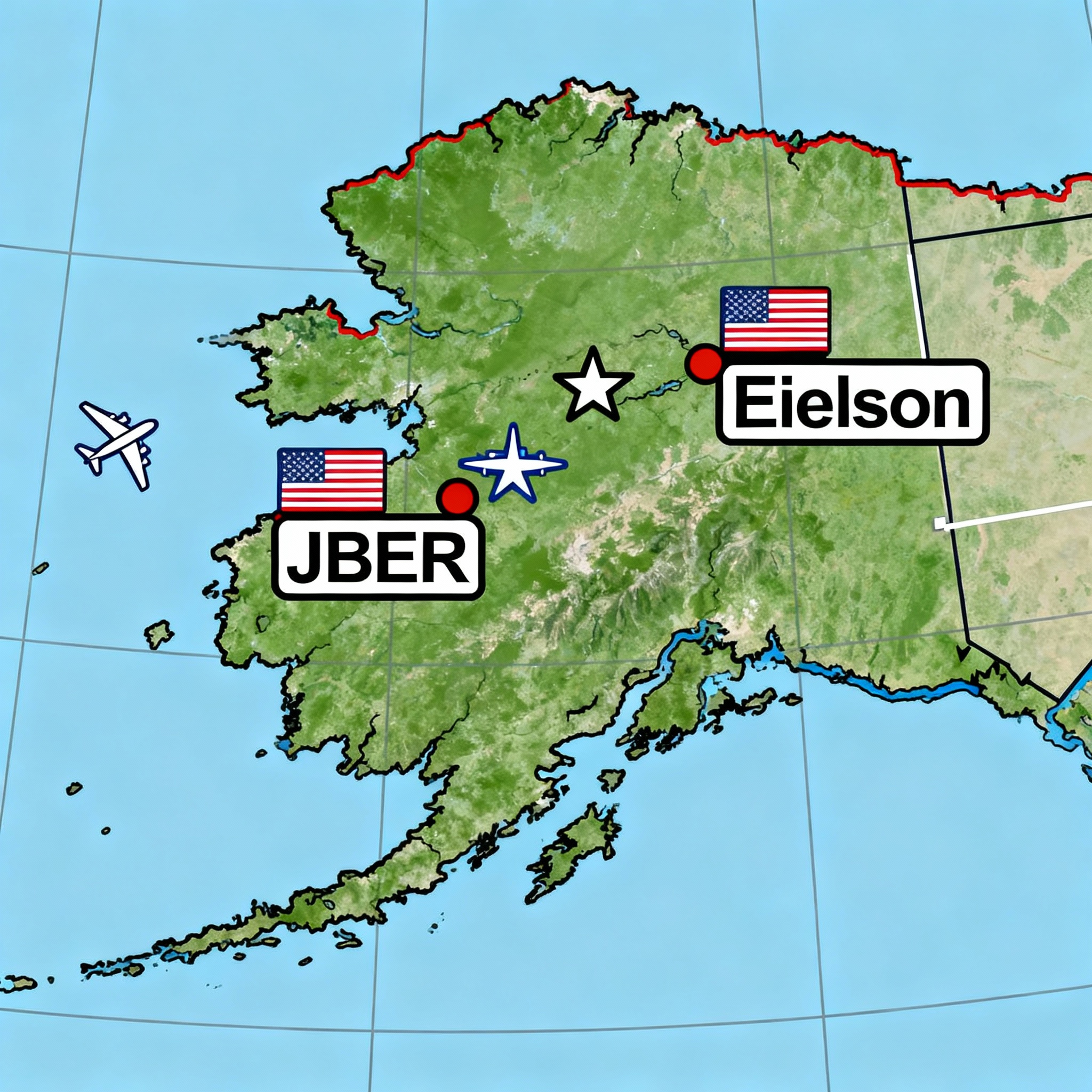 Map showing JBER, Eielson, and Clear Space Force in Alaska