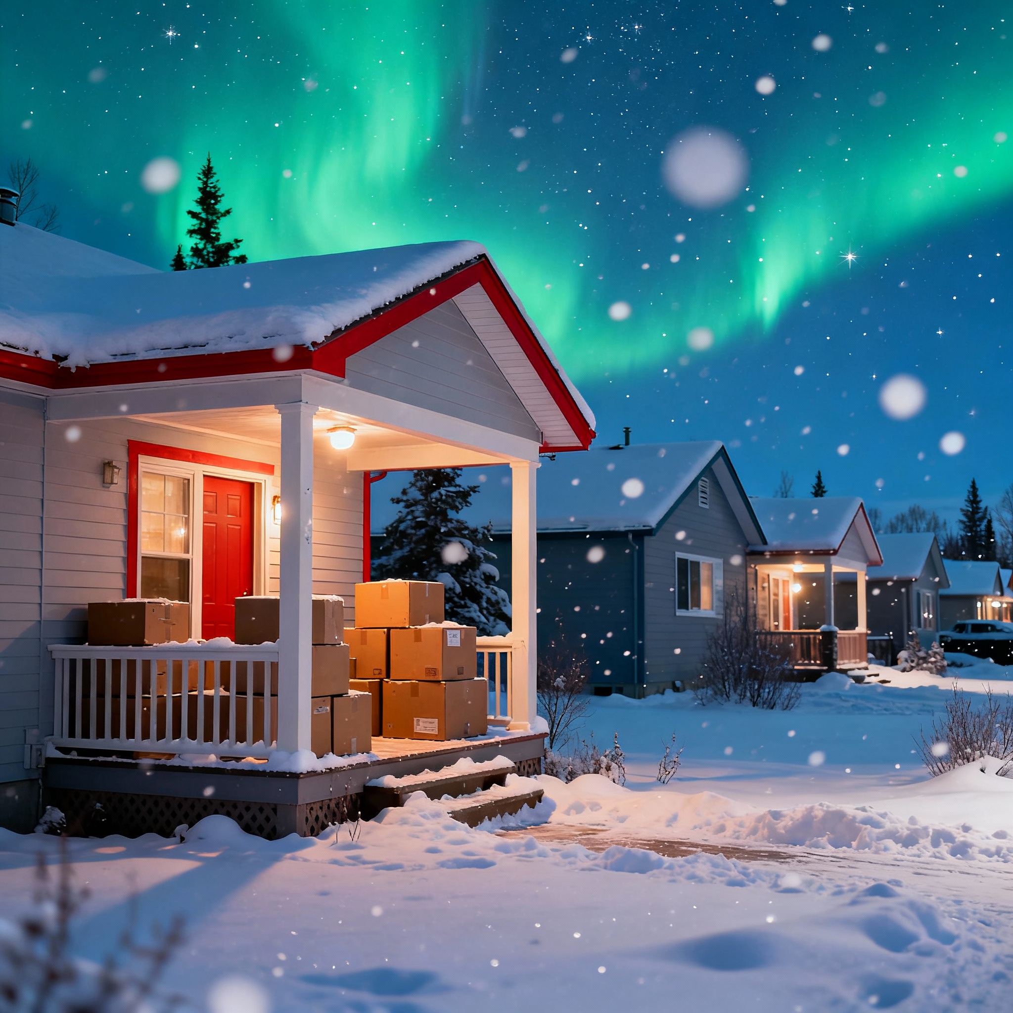 Winter move in Alaska neighborhood with northern lights